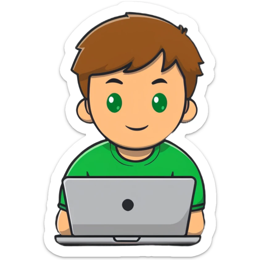man with light brown hair and green eyes sitting in front of a laptop sticker