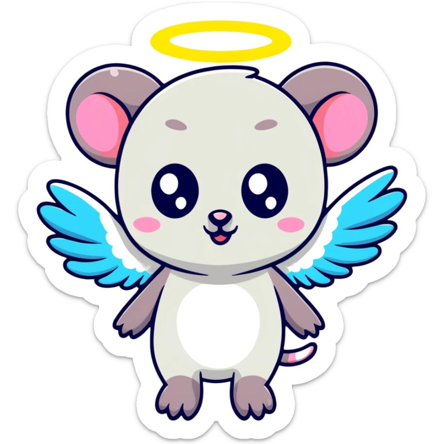 possum with angel wings, sparkles, glowing halo, vibrant neon colors, cute big eyes sticker