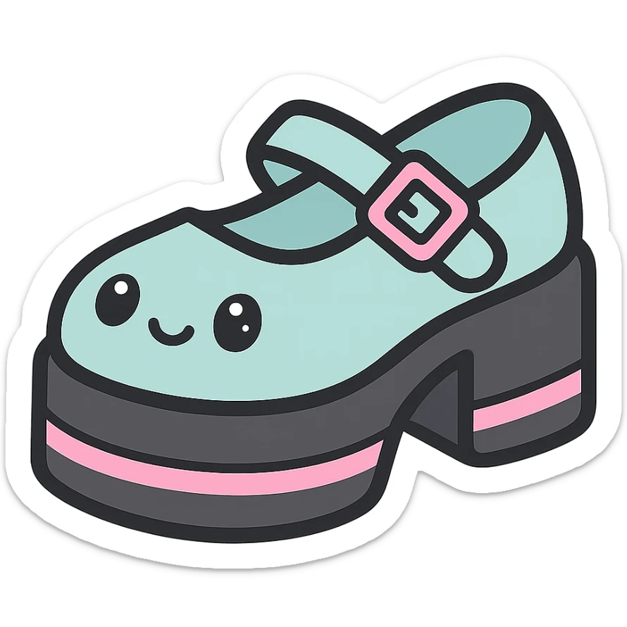 Make the shoes pastel blue with black and pink accents, kawaii style, no socks, no hearts, transparent background sticker