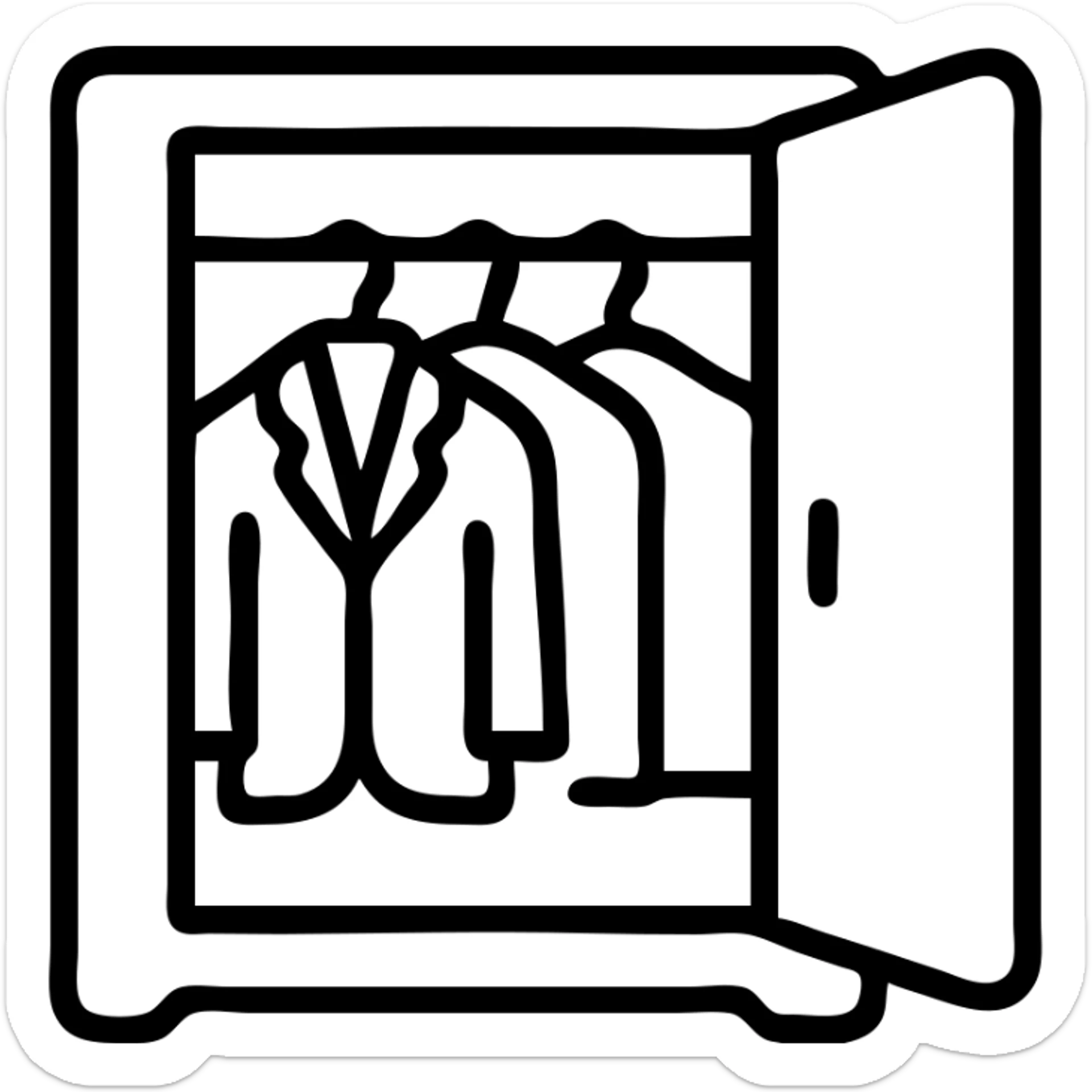 Minimalist flat design of a closet or wardrobe, slightly open showing neatly hung jackets and shirts, clean professional look sticker