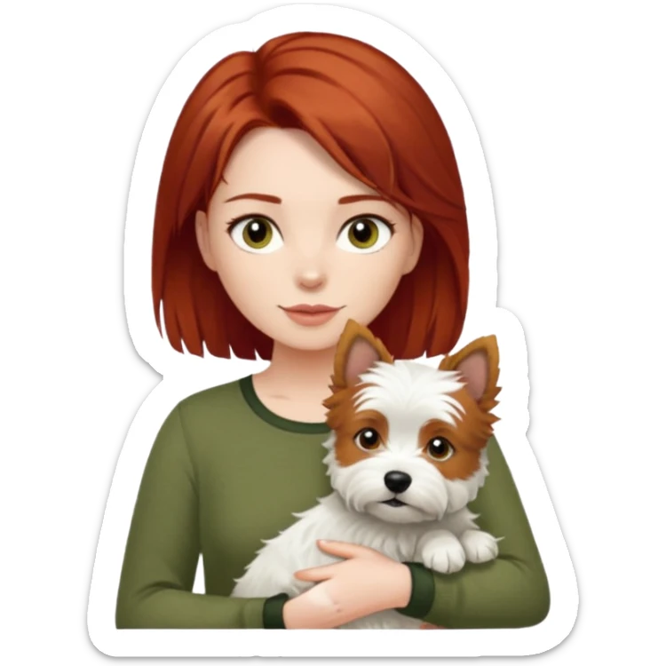 Westhighland white terrier dog being held by woman with dark shoulder length red hair and hazel eye wearing olive green top sticker