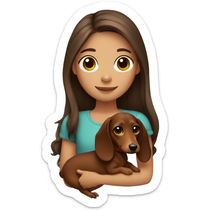 Girl long brown hair smiling and brown eyes with long eyelashes and holding a dachshund  in her arms sticker