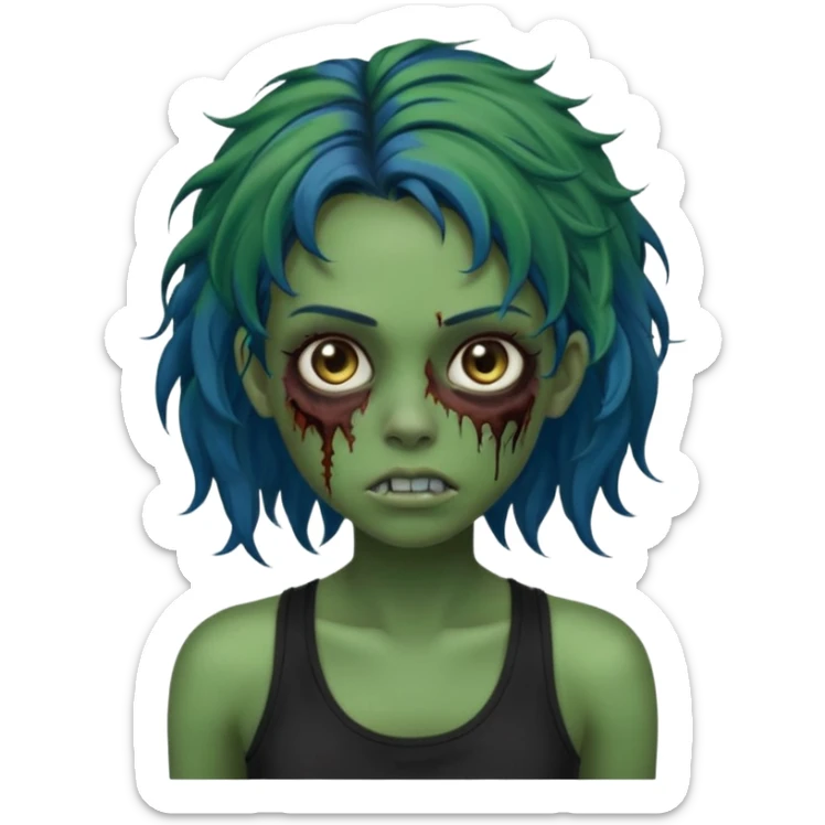 Crie um emoji de uma garota zumbi com a pele verde, como deste emoji "🧟‍♀️". Põem com uma regata de cor preta, os cabelos castanhos na altura do ombro e picotado, liso na raiz e cacheado nas pontas e com mechas azuis sticker