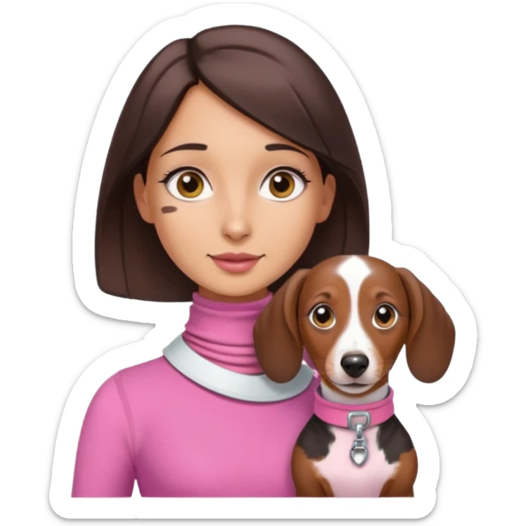 a brunette girl, olive skin, hazel eyes, pink top, neck brace on her neck, piebald dachshund next to her sticker