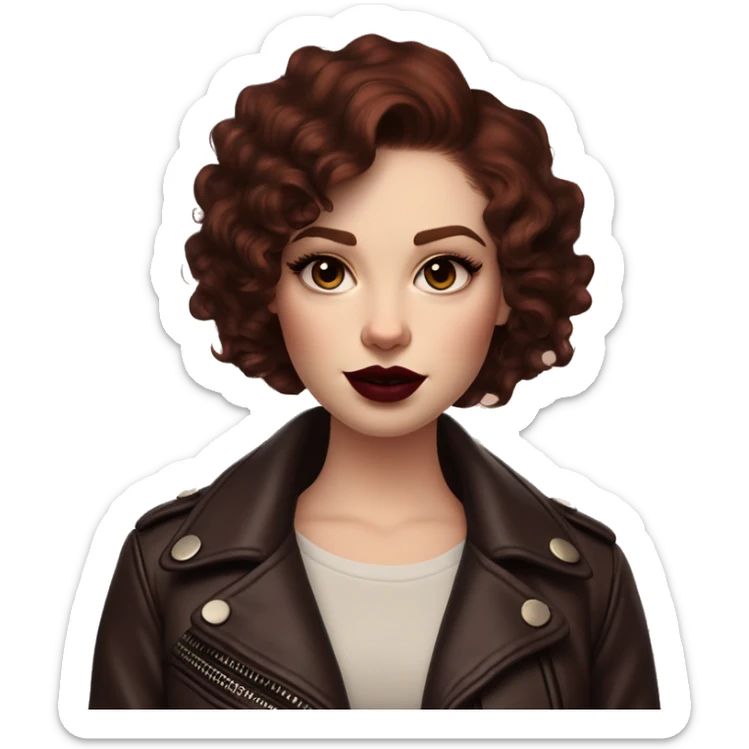 Girl with very pale skin, mahogany curly short hair with a side part, heavy cat-eye makeup, long eyelashes, dark maroon blush and lipstick.  Her eyebrows are dark, arched and very high.  Hazel eyes. Big lips. Thin. Wearing a leather jacket  sticker