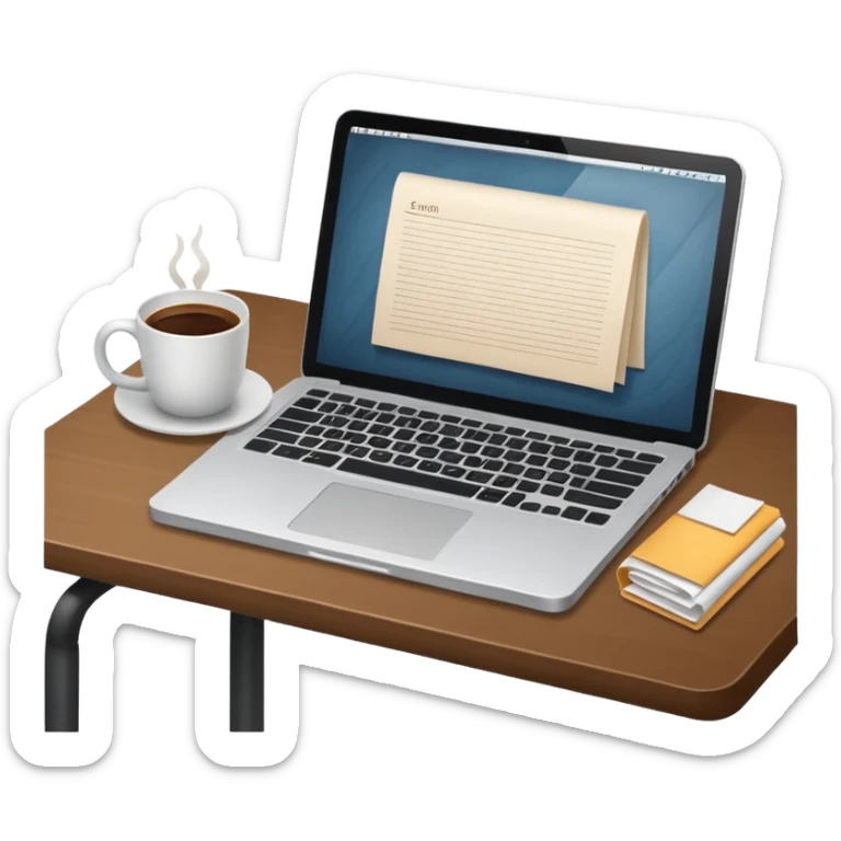 emoji of a cozy desk with a paper, a coffee, and a laptop on it sticker