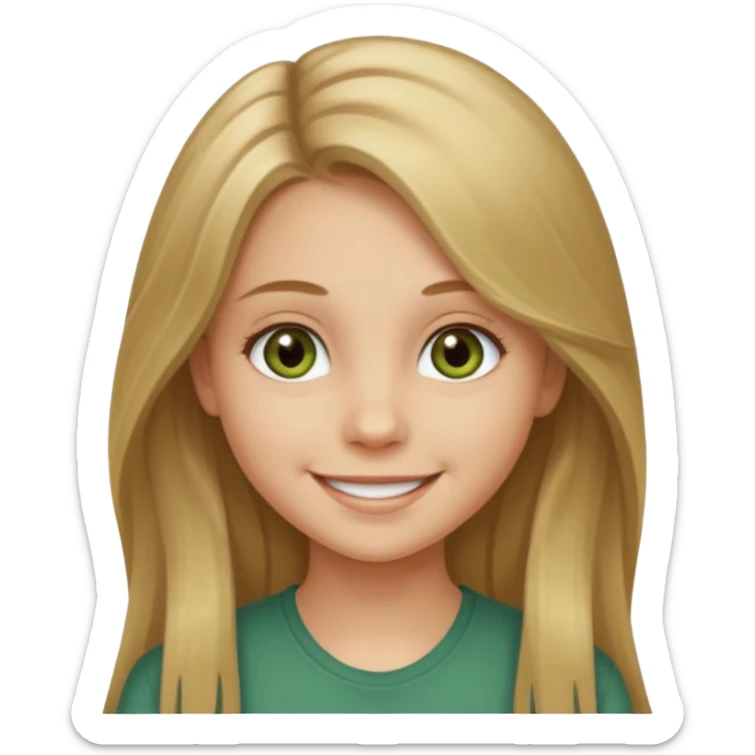 A smiling young girl with long dirty blonde hair and hazel green eyes sticker