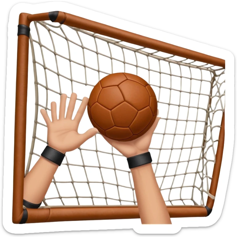 A close-up of a hand gripping a handball, with the goalposts visible in the background. The focus is on the texture of the ball and the strength of the grip, with the goal net slightly blurred to emphasize the anticipation of the throw. sticker