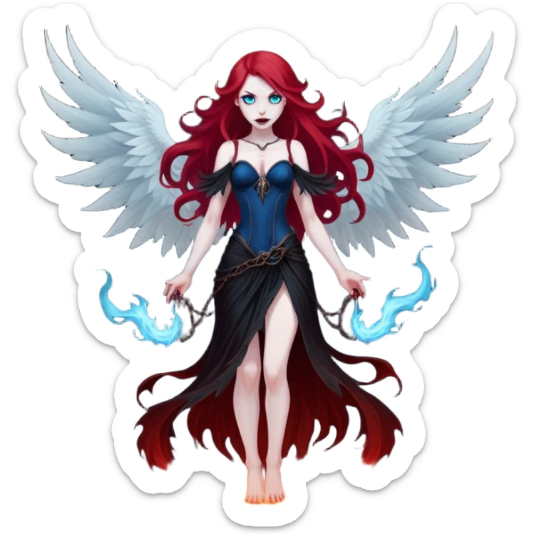 full body portrait of an extremely diabolical girl with pale white skin, massive towering wings, very long flowing blood red hair, glowing blue eyes, evil grin, no accessories, standing in thick swirling dark red and black smoke that rises up from the ground, heavy smoke effect at her feet sticker