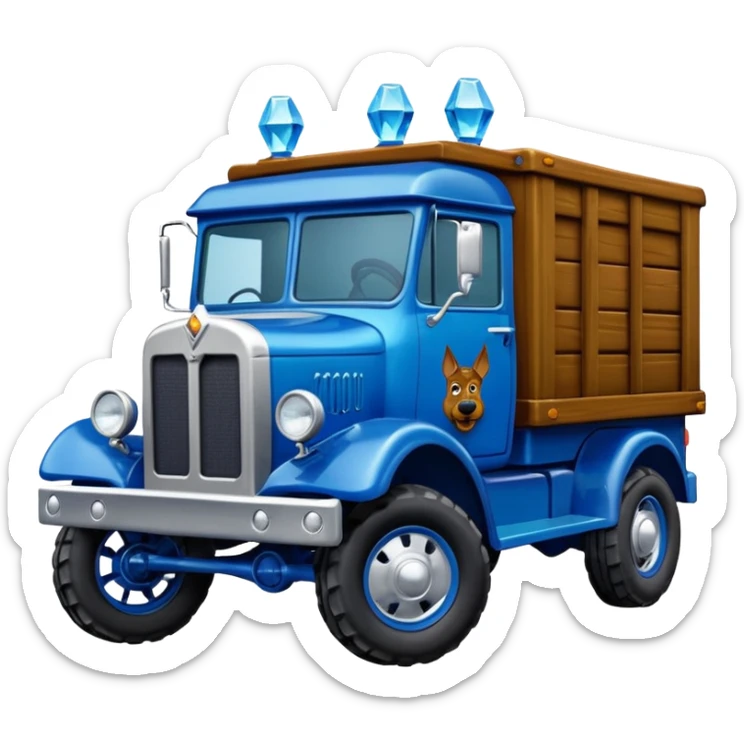 shiny crushed-dark-blue crystal body frozen Scooby Doo 1912 antique long-wheelbase cab over off-road trails low rider moving truck  sticker