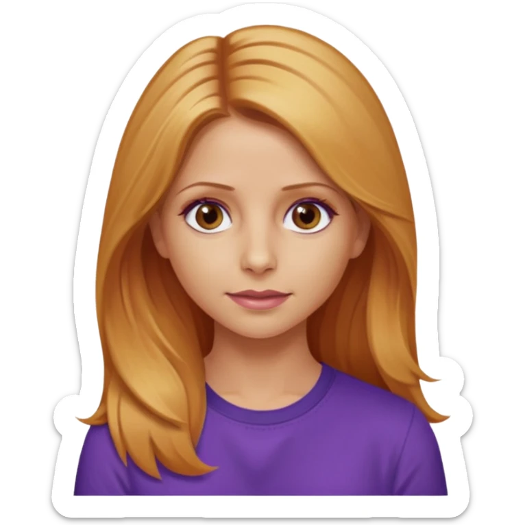 Sarah Michelle Gellar with hazel eyes, strawberry blonde long hair, purple shirt sticker