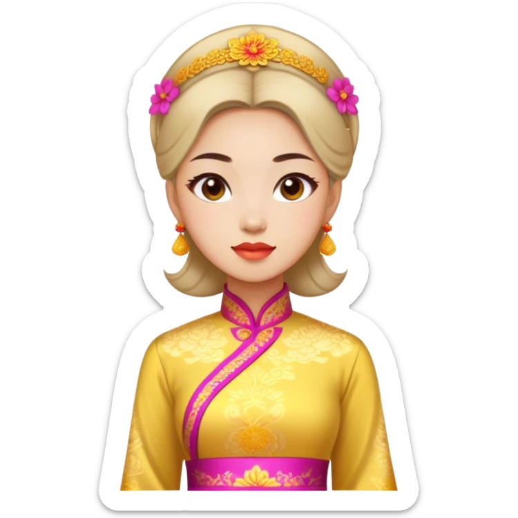 Cinematic Realistic Ao Dai Pop Culture Emoji, featuring an elegant portrayal of the traditional Vietnamese dress rendered with graceful textures and vibrant, cultural lighting. sticker