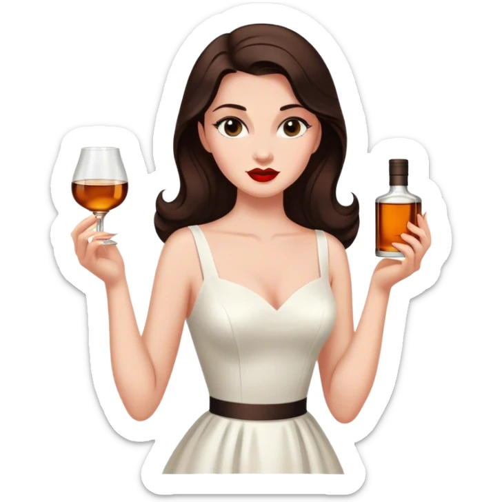 Beautiful woman in 1950’s woman fashion look, white dress, long dark brown hair, whisky sticker