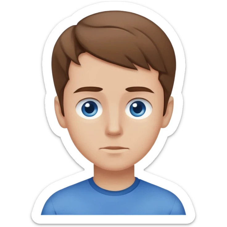 a boy with brownish hair with a swoosh, blue shirt, blue eyes, side eyeing someone sticker