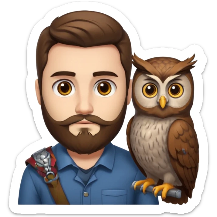 portrait man long brown hair brown eyes medium beard white skin with owl perched on shoulder sticker
