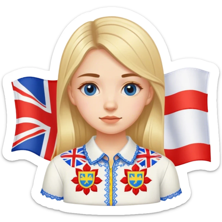 Ukrainian girl in an embroidered shirt against the background of the British flag sticker