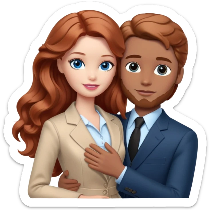 Barbie girl  , eyes blue , Chestnut red long wavy hair In pale beige clothes, Hugs a man with light brown hair Short hair , brown eyes , and a black suit sticker