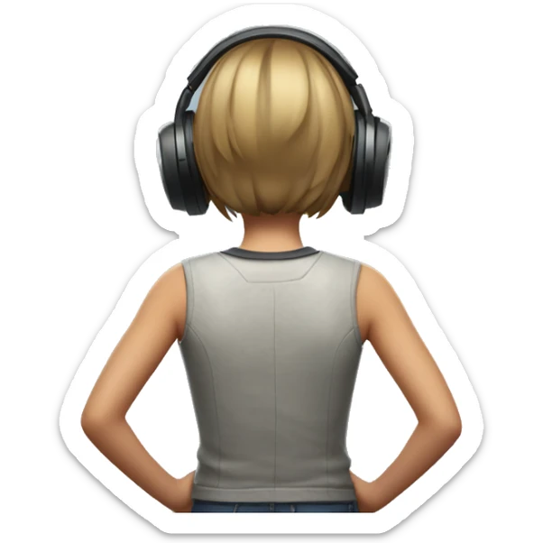 a girl with short hair winning a VR game facing the wall and showing her back sticker