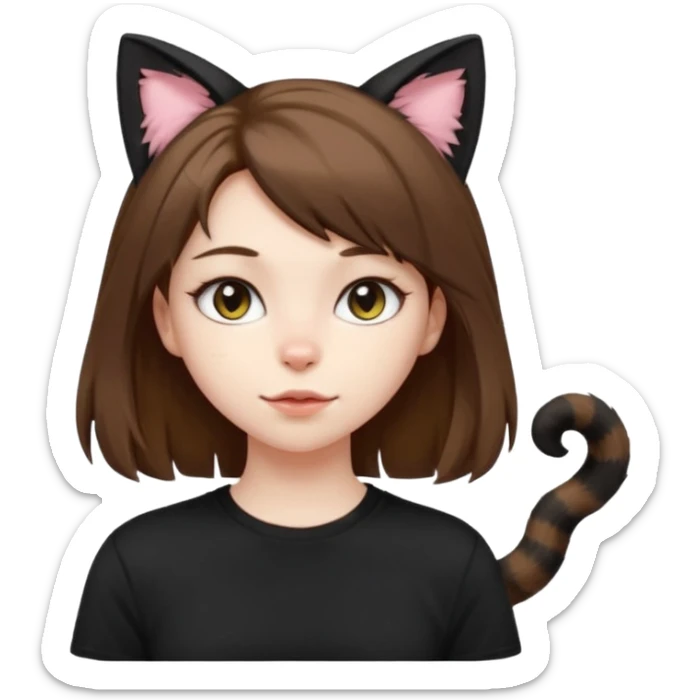 a girl with pale skin, shoulder lengh brown hair with lots of dandruff , cat ears and a tail, with a black t-shirt on sticker