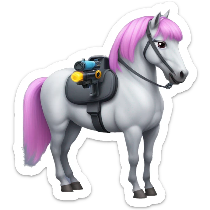 Gray horse with pink and blue hair. One of its front legs is a violet laser gun sticker