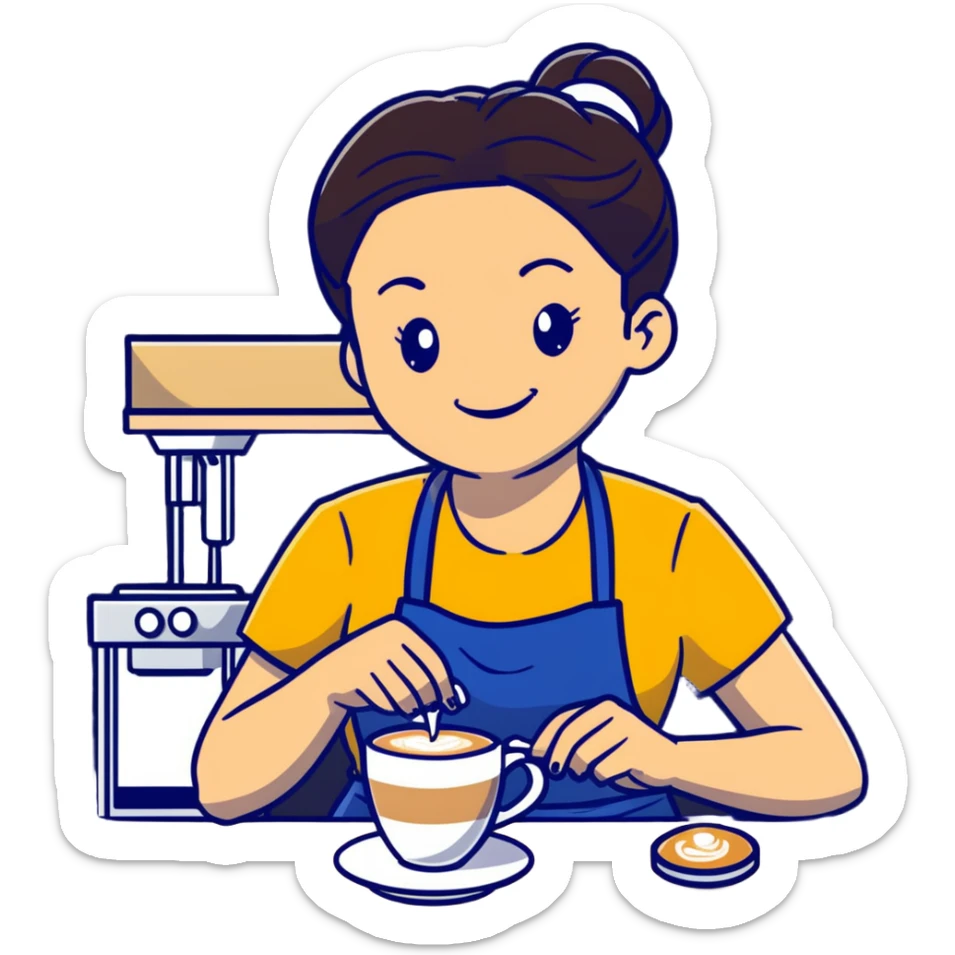 Cute brunette barista girl with hair in a bun wearing yellow shirt and dark blue apron, she's relaxed and making latte art, smiling at the coffee cup sticker