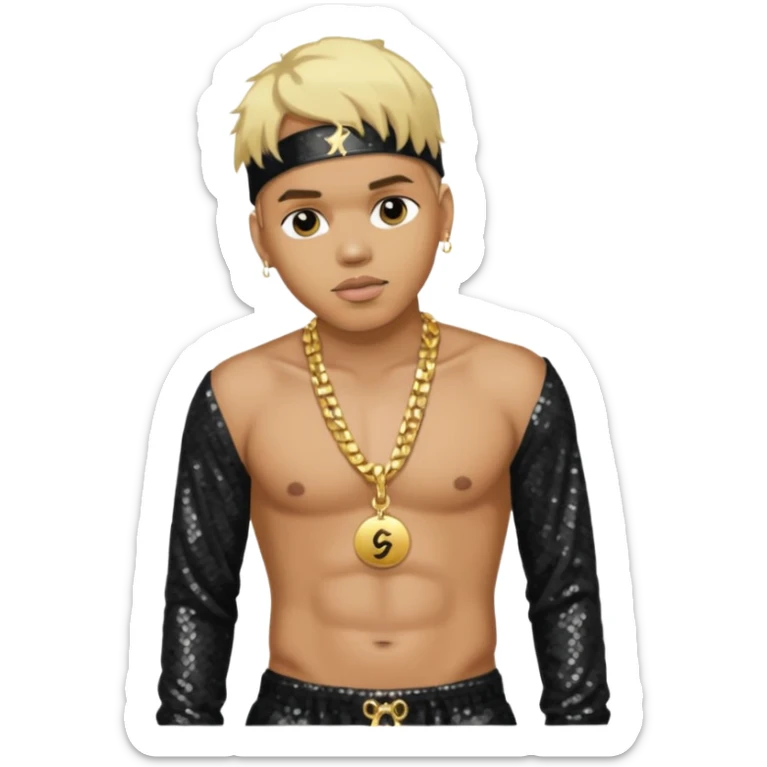 Chris Brown with blonde hair, black sequin baggy pants, shirtless with necklace sticker