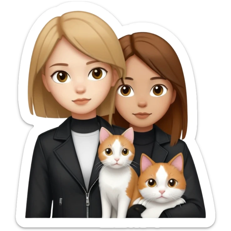 Light-skinned girl with brown straight hair wearing a black jacket, along with one pure white cat and one calico cat sticker