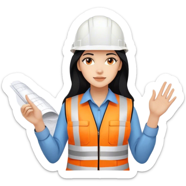 Female civil engineer with long black hair wearing white helmet and an orange safety vest looking at big drawing plan on her hand  sticker