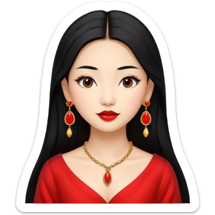 30 yr old asian woman, middle parted straight long black hair, very pretty, fancy dress, earings, red lipstick sticker