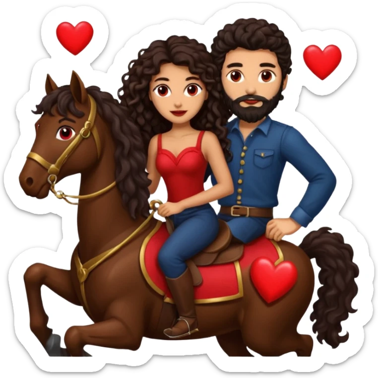 pareja de Mujer morena rizada cabello largo castaño ojos oscuros y hombre piel blanca con caballo oscuro con barba y ojos marron alrededor de la pareja corazones sticker