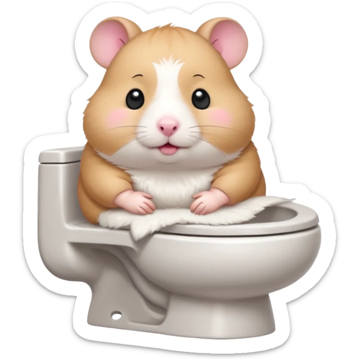 Cute chubby cartoon-style hamster sitting on toilet, sticker-style illustration sticker