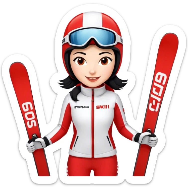 Ski racer woman, red white dress, with the name Stephanie on the dress, Ski with the name Head, black hair, smile sticker