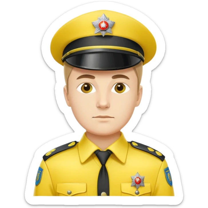 Russian police officer with bright yellow hat and yellow uniform, standing at attention sticker