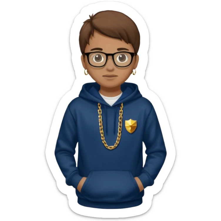Brown hair with black glasses and a dark blue hoodie that says caylus kingdom with black pants and a gold chain sticker