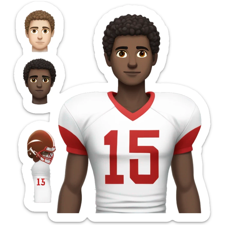 White teenage boy, tall, brownish black curly hair, dark brown eyes, medium to pale skin tone, white base football jersey with a red number 15 serious sticker