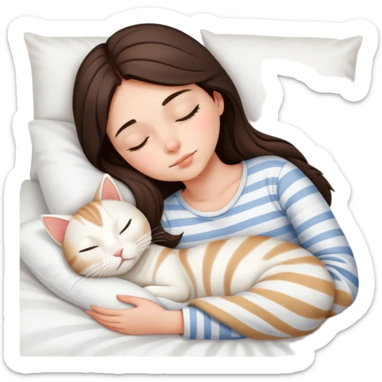 side view Brunette teenage girl sleeping with white cat that has beige stripes on a white pillow with white sheets sticker