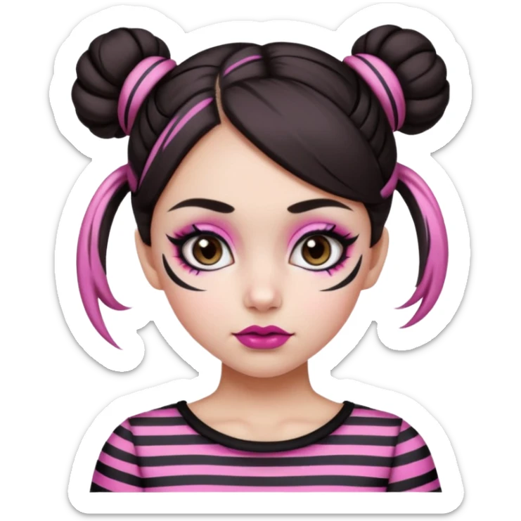 generate a pretty fair bratz girl with dark brown eyes. Dark brown hair straight hair with pink highlights tied into buns. Big eyeliner. black lipstick. Black and white striped top.  sticker