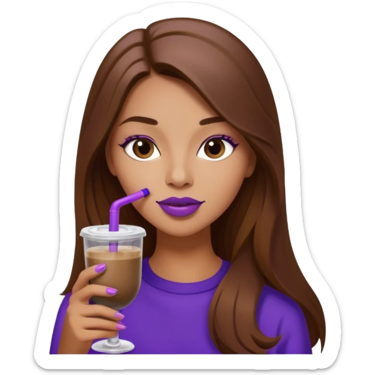 girl with long brown hair and wine lipstick drinking a blueberry butter pecan iced coffee with a purple straw  sticker