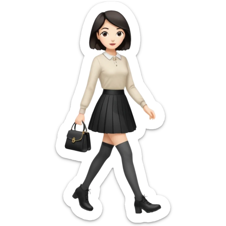 a fashionable gen Z woman, walking confidently with a skirt and stylish tights sticker