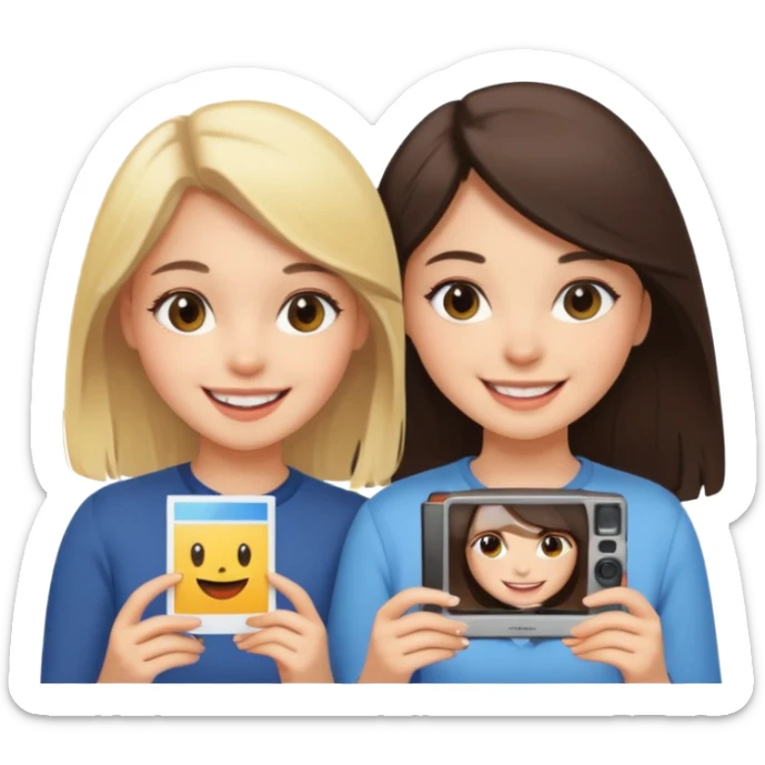 a brunette girl and a blonde girl smiling in polaroid picture sticker