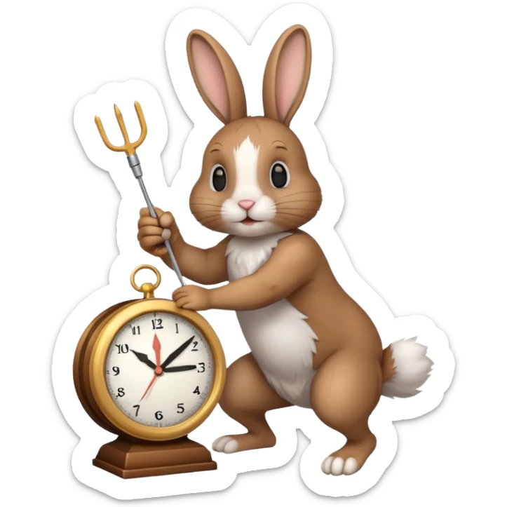 Un lapin qui a une horloge dans la main droite qui monte une aiguille  sticker