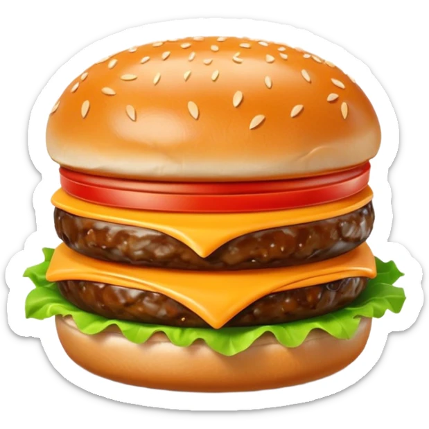 A cute 3D emoji-style burger with glossy finish, shiny bun with sesame seeds, melted cheese, fresh lettuce, smooth cartoon design, soft lighting, clean background, high-quality modern emoji look. sticker