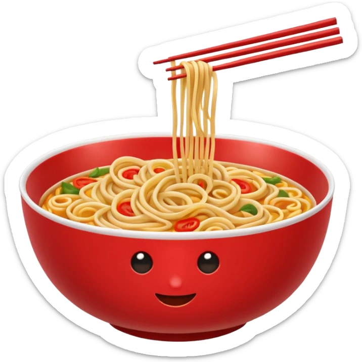 Chinese cuisine humanless avatar in bright emoji-style illustration. Noodles bowl, red and gold colors, simple shapes, flat design, bold and energetic. sticker