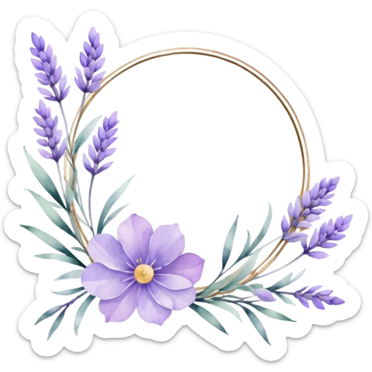 The art style is clean line art with delicate watercolor textures, pastel colors, and a dominant palette of lavender, soft lilac, and muted purple.  Delicate frames to border text sticker