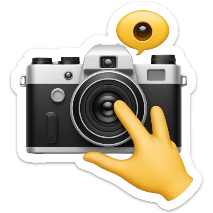 Minimalist emoji-style sticker of a photo camera ejecting a photo, but a hand comes out instead. Black and white, surreal icon. sticker