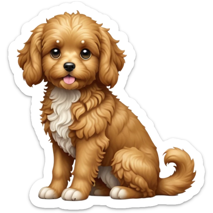 cinematic-[cavoodle dog]-realistic-full-body-sitting-emoji,-tail-resting-loosely-beside-its-paws,-head-tilted-dramatically,-very curly-[solid golden]-fur,-simplified-yet-realistic-focused-features,-highly-detailed,-glowing-with-an-almost-sarcastic-glow sticker