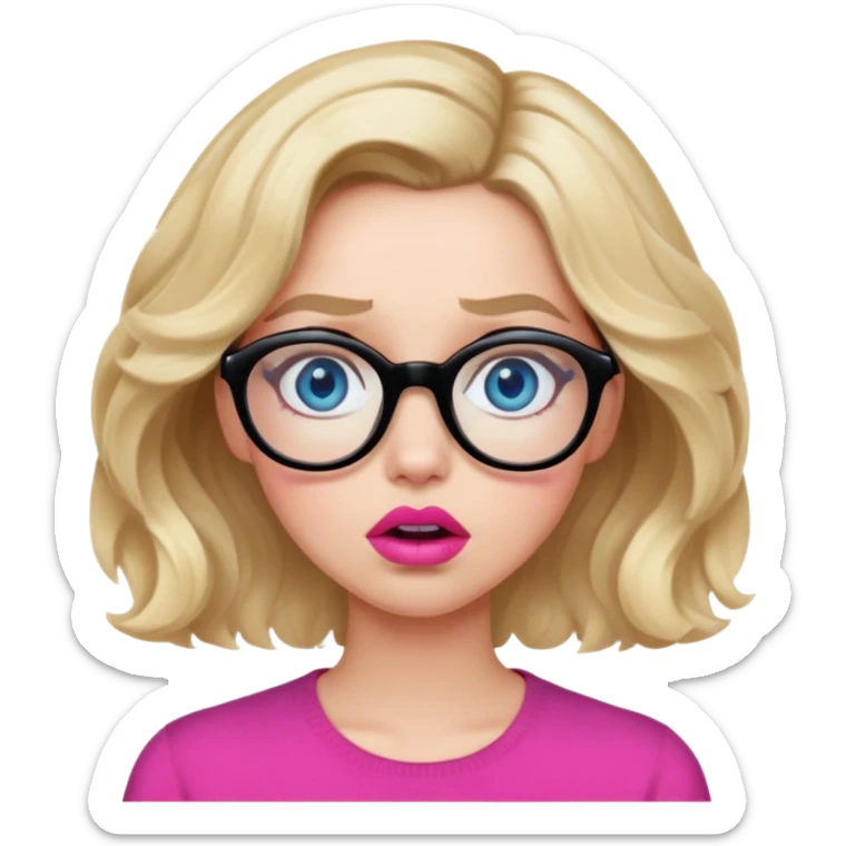 Blonde woman with short wavy hair, blue eyes and pink lips wearing black glasses looking very shocked sticker