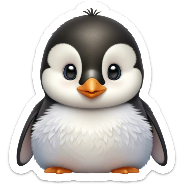 Cinematic Cute Baby Penguin Portrait Emoji, Head tilted playfully and inquisitively, with irresistibly fluffy plumage accented by a tiny beak and round, sparkling eyes filled with wonder, Simplified yet irresistibly adorable features, highly detailed, glowing with a warm, friendly polar glow, high shine, affectionate and lively, stylized with a touch of whimsical charm, bright and endearing, soft glowing outline, capturing the essence of a mischievous yet loving penguin that feels like it could slide out of the screen into your arms! sticker