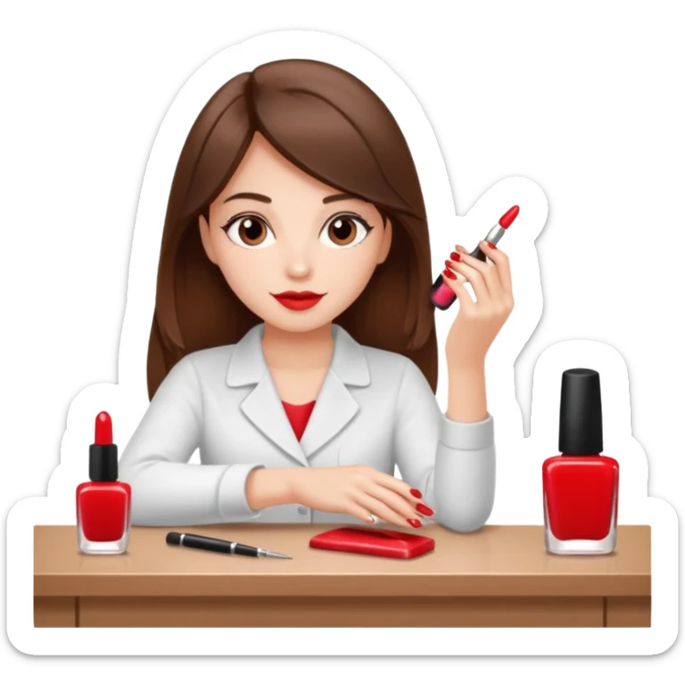 A realistic illustration of a girl with medium-length thick brown hair sitting at a manicure table.
 sticker