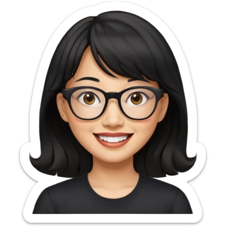40 yr old asian woman wavy black hair bangs big glasses big smile tanned skin brown eyes sticker